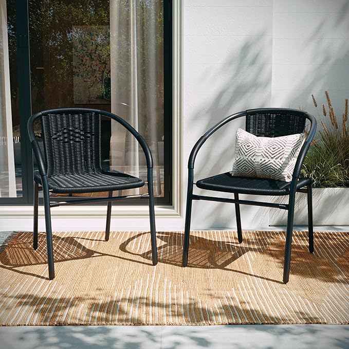 EMMA + OLIVER Set of 2 Modern Rattan Indoor/Outdoor Stack Chairs, Stacking Rattan Patio Chairs with Curved Back and Cross Bracing, Black EMMAOLIVER