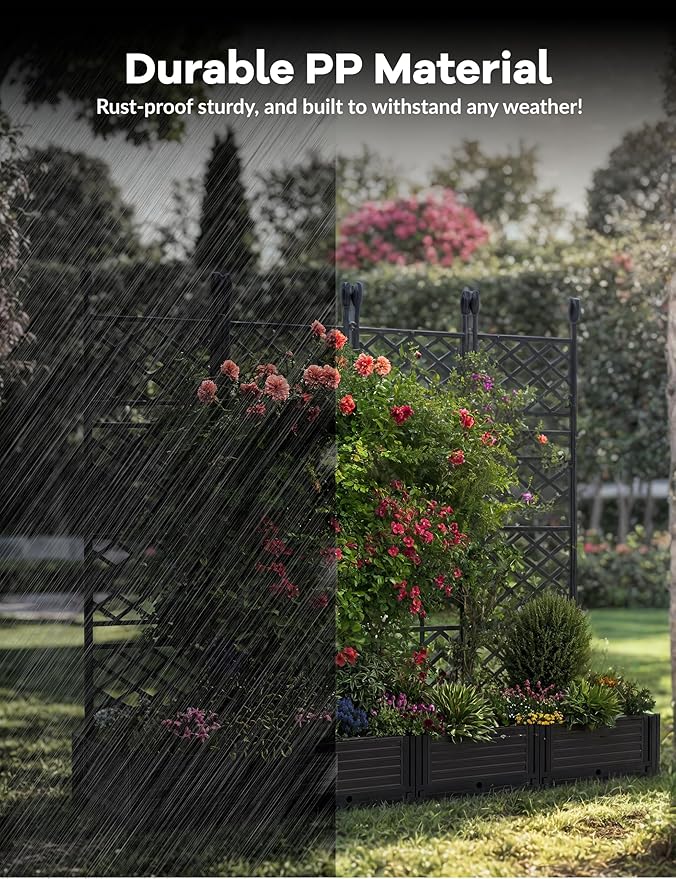 4 PCS Raised Garden Bed with Trellis & Privacy Screen, 66"w x 63"Tall Vertical Garden Planter Box for Climbing Plants - Sturdy Lightweight Outdoor Planter for Vegetables, Flowers on Patio, Balcony Rootora