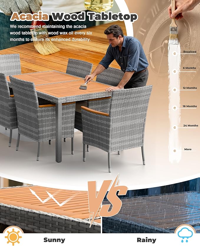 Flamaker 7 Piece Patio Dining Set Outdoor Acacia Wood Table and Chairs with Soft Cushions Wicker Patio Furniture for Deck, Backyard, Garden (Grey) Flamaker