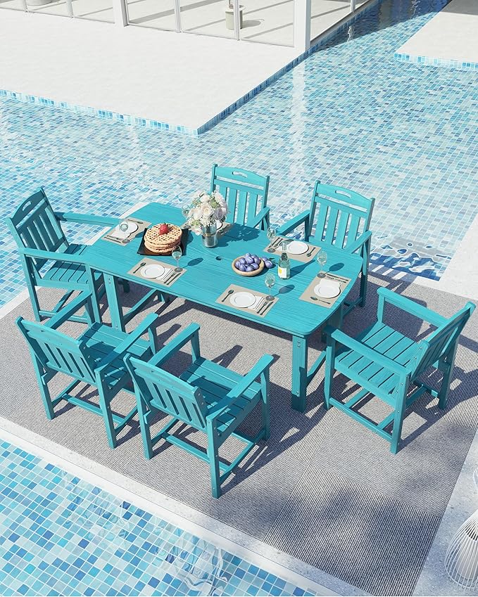 Ciokea HDPE Outdoor Dining Table with Umbrella Hole,66" Rectangle Patio Table for 6,All-Weather Outdoor Patio Furniture Set for Garden Backyard, Lake Blue CIOKEA