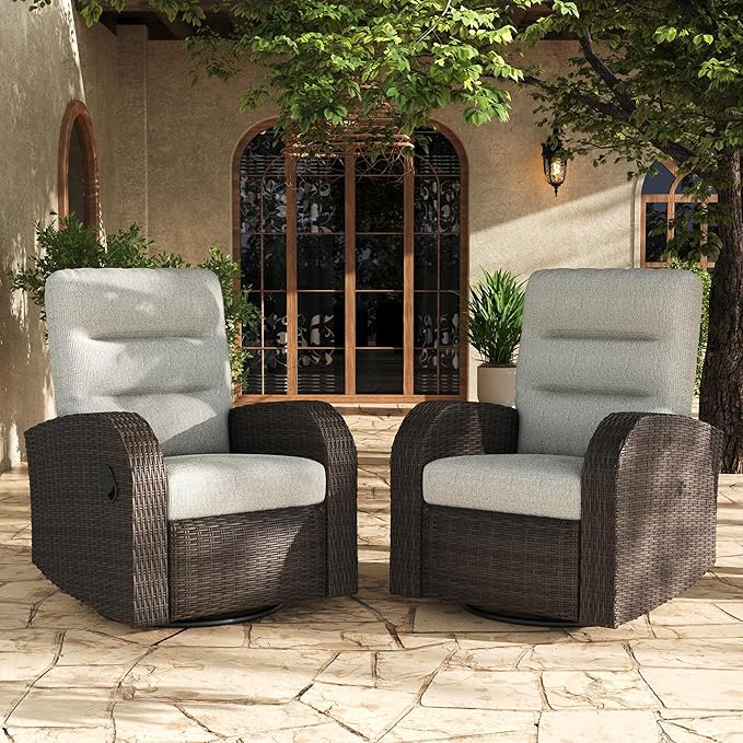 LayinSun Oversized Wicker Outdoor Swivel Glider Recliner with Adjustable Backrest & Footrest, Patio Reclining Lounge Chair - Set of 2 LayinSun