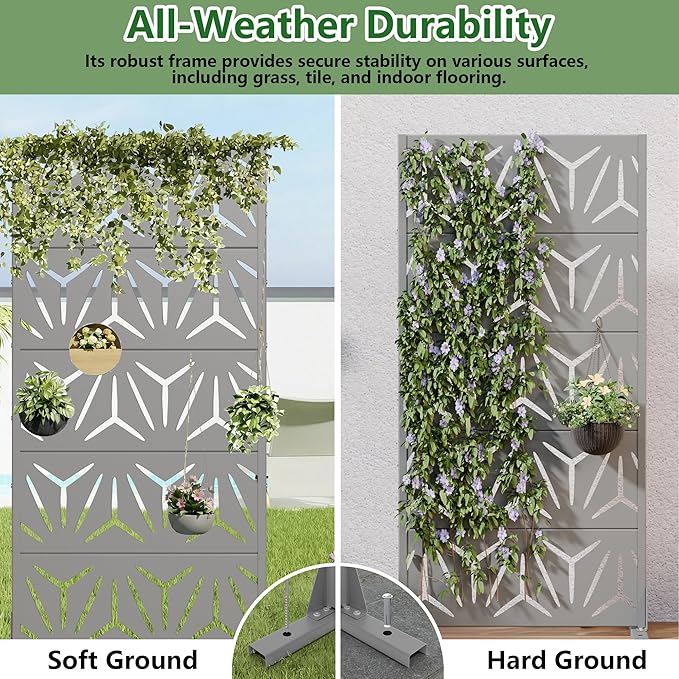 Casaphoria Metal Privacy Screen Outdoor, 60" H x 30" W Freestanding Decorative Privacy Screen for Patio Deck Balcony Garden with Stable Base, Grey-Star Casaphoria