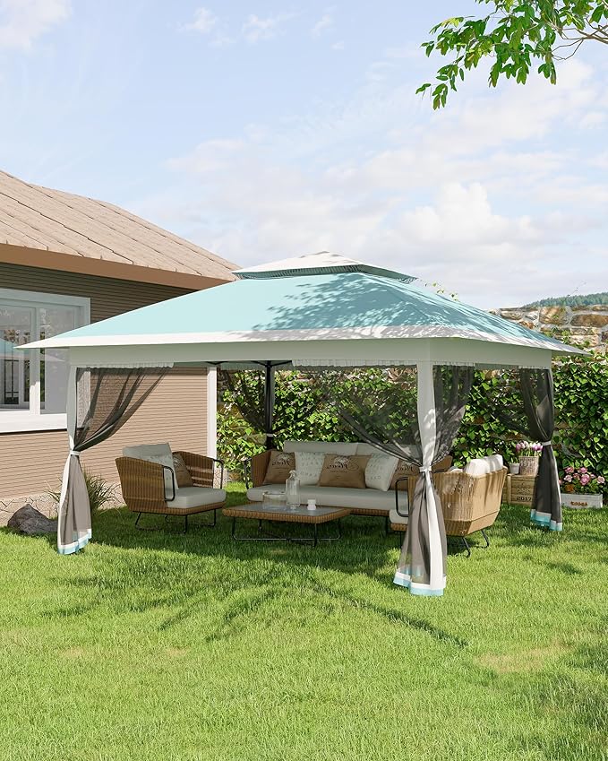 Canopy Tent 12x12 ft, Pop Up Gazebo One-Push Setup with 4 SandBags for Backyard Parties and BBQs, Mosquito Netting & Height Adjustable - Lake Blue GarveeLife