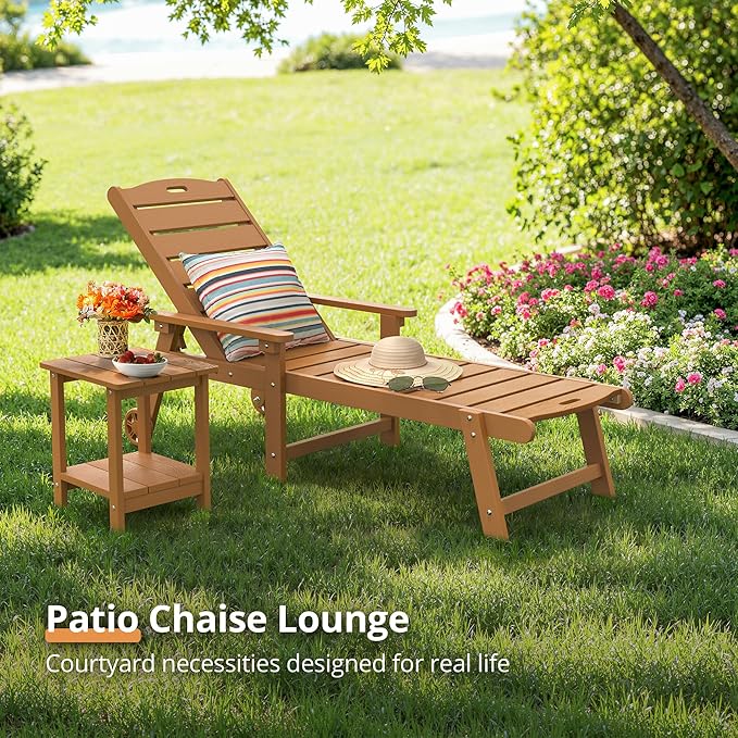 LUE BONA Outdoor Chaise Lounge, HDPS Chaise Lounger, 5 Positions Adjustable Lounge Chairs, Pool Lounge Chair with Wheels for Poolside, Backyard, Teak Color LUEBONA