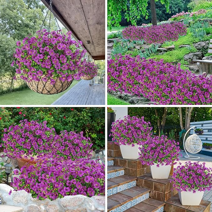 Bassion Artificial Flowers for Outdoors, 24 Bundles UV Resistant Fake Flowers Realistic Silk Faux Plants for Outdoor Planter Window Box Porch Patio Garden Home Outside Decorations Bassion