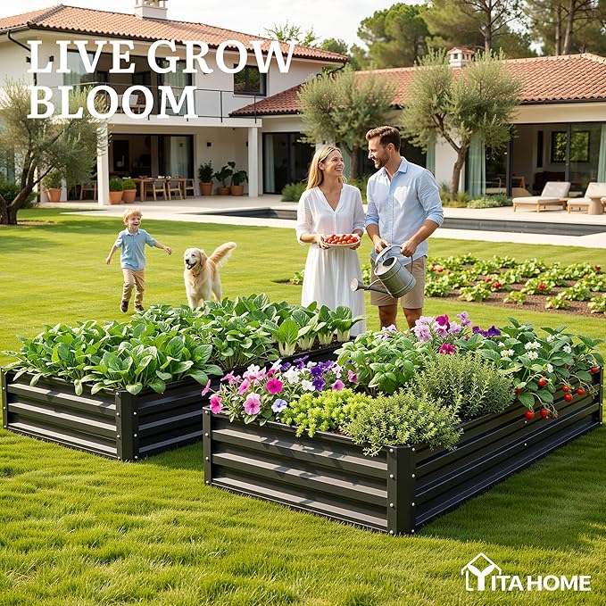 YITAHOME 72x36x12 in 2pcs Galvanized Raised Garden Bed Kit, Large Metal Planter Box with Gloves & Support Rod, Outdoor Flower Bed for Plants Vegetables, Black YITAHOME