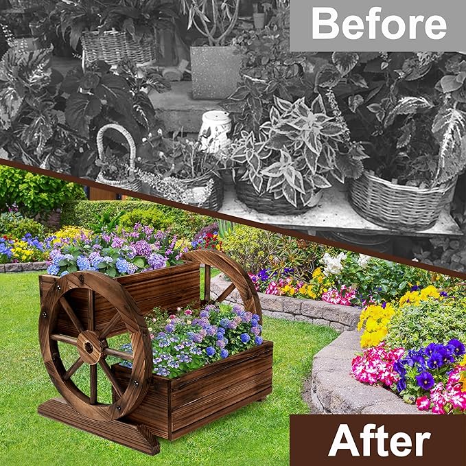 Wooden Wagon Planter Box, Garden Planter with Wheels,Decorative Planter for Flowers Herbs Vegetables for Indoor & Outdoor Décor, Flower Cart for Patio Garden Balcony OIPRTGFJ