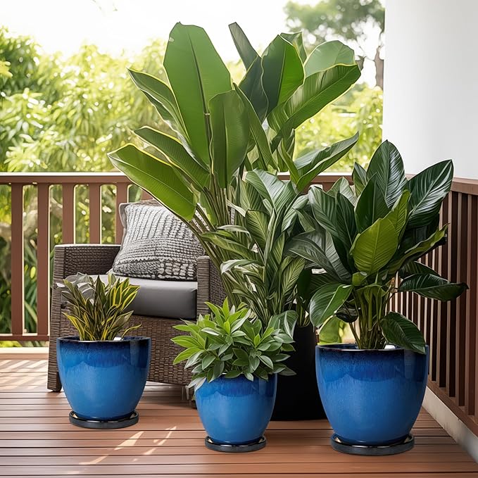 Ceramic Planters for Indoor Plants - 6.3 Inch Plant Pot with Drainage Hole and Saucer Round Modern Planter Home Garden Patio Decor Blue EPFamily