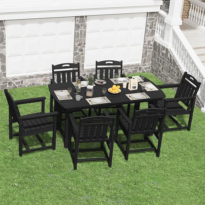 HDPE Outdoor Dining Set, Patio Table and Chairs Set, All-Weather 7-Piece Outside Table and 6 Chairs, 2" Umbrella Hole, Outdoor Furniture for Garden, Poolside, Backyard, Deck | Black Suunyn