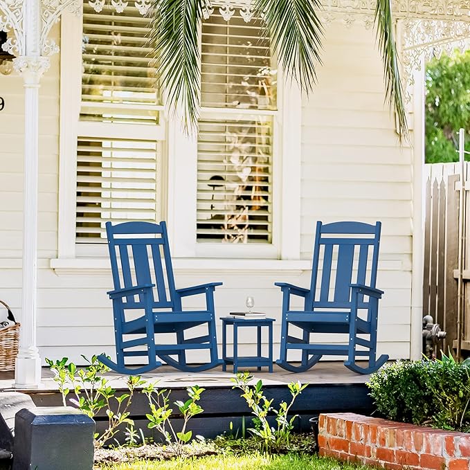 LUE BONA Outdoor Rocking Chairs Set of 2, Weather Resistant Poly Plastic Rocker Chairs, 350lb Heavy Duty, Oversized Porch Rocker for Adult, High Back Smooth Rocking Chairs for Outdoor & Indoor, Blue LUEBONA
