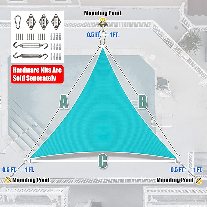 Amgo Custom Size 4' x 4' x 4' Turquoise Triangle Sun Shade Sail Order to Make Canopy Awning UPF50+ AGSLT, 95% UV Blockage, Water & Air Permeable, 200GSM Commercial Standard (We Customize) Amgo