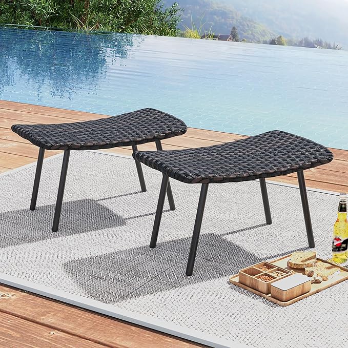 Tangkula Set of 2 Patio Ottomans, Multipurpose Rattan Ottomans w/Padded Quick Dry Foam & Heavy-Duty Metal Legs, Outdoor Wicker Footrest Extra Seating for Poolside, Backyard All Weather Resistant TANGKULA