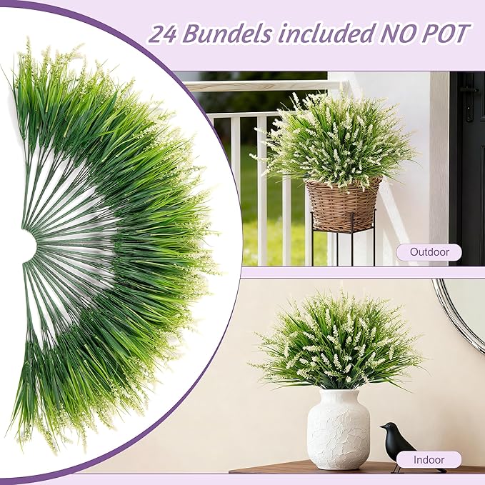24 Pcs Artificial Faux Plants for Outdoor Spring Decoration, Fake Monkey Grass for Garden Porch Balcony Planters, Fake Greenery Shrubs UV Resistant No Fade Plants Bush for Pathway(White) Ammyoo