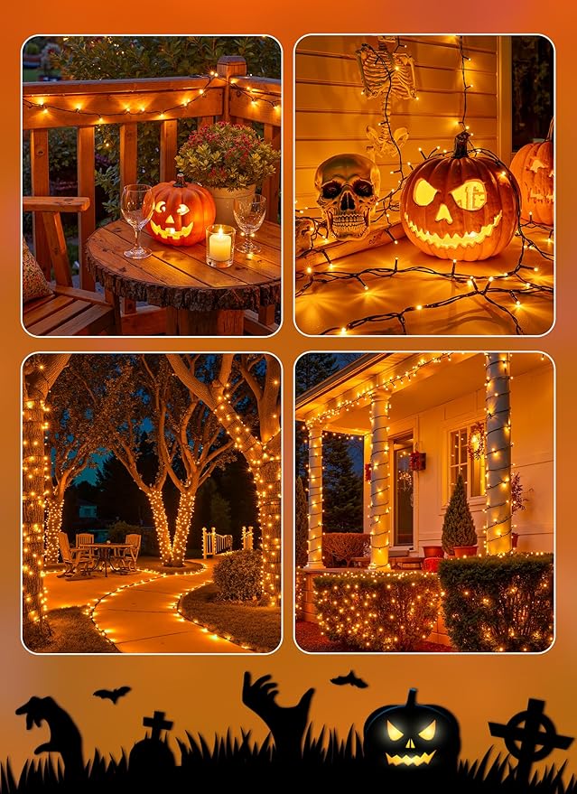 Brightown 4 Pack Solar Halloween Lights, Total 184FT 480 LED Solar String Lights Outdoor Waterproof Black Wire with 8 Modes, Solar Fairy Light for Garden Yard Patio Party Decors, Orange Brightown