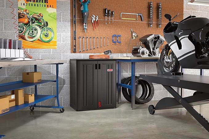 Suncast Heavy-Duty Resin Outdoor Storage Cabinet, 30" W x 20.25" D x 36" H Dark Grey Base Garage Storage Cabinet with Lockable Doors and Metal Reinforced Shelves, Made in The USA SuncastCommercialProducts