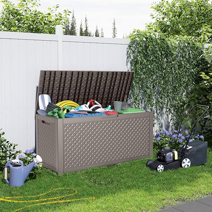 ROJIK Outdoor Storage Housing Deck Box - Waterproof Patio Furniture, Garden Tools, Cushions, Pool Accessories Storage Bench with Lockable Lid and Side Handles (Grey,125 Gal) ROJIK