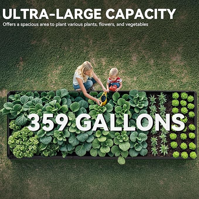 YITAHOME 144x48x12 in Galvanized Raised Garden Bed Kit, Large Metal Planter Box with Gloves, Safety Rubber & Support Rod, Outdoor Flower Bed for Plants Vegetables, Black YITAHOME