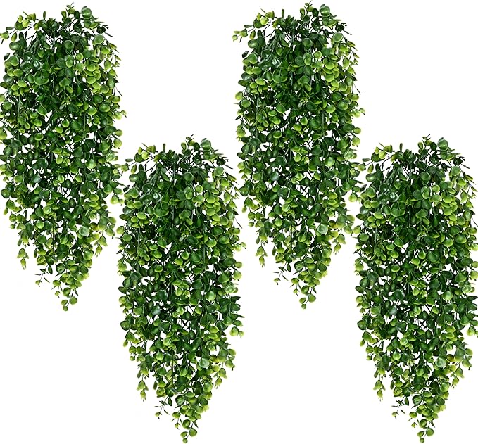 Waipfaru 4Pcs Fake Hanging Plants 2.7ft Fake Plants Eucalyptus Leaves UV Resistant Fake Vines Ivy Artificial Plants Outdoor Faux Plants Indoor Bedroom Living Room Boho Wall Porch Shelf Decor Waipfaru