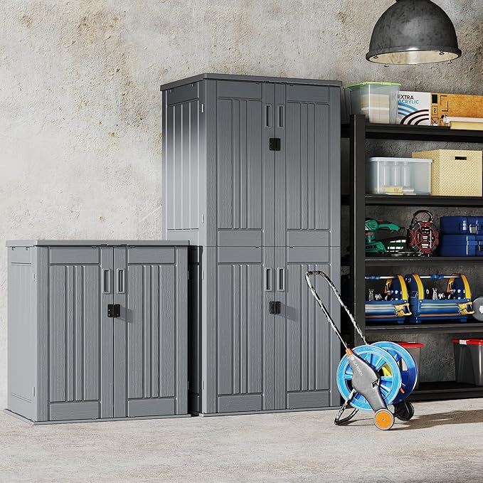 EHHLY Heavy Duty Small Storage Cabinet Outdoor Weatherproof, 14 Cuft Garage Storage Cabinet with 2 Adjustable Shelves, Lockable Kitchen Pantry Closer Organizer, 31Wx23Lx34H, Sage Grey EHHLY