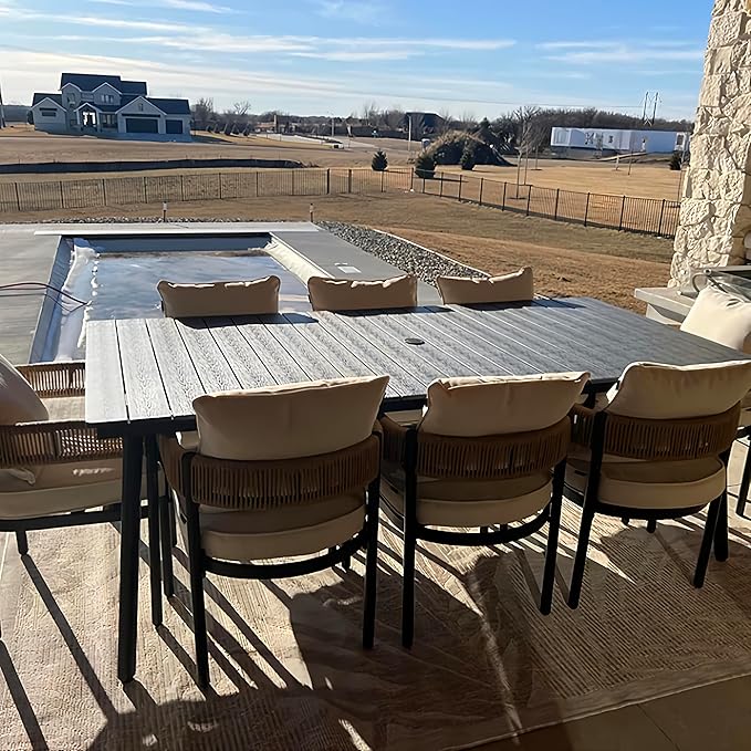83" Patio Outdoor Dining Table for 6-8, Weather-Resistant Wood-Grain Top with Aluminum Frame & Umbrella Hole for Deck Gatherings, Black VredHom