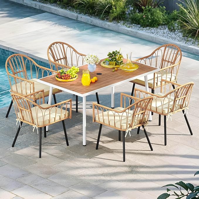 DWVO Patio Table Rectangle 59"x34.2", Patio Dining Table for 6 Weather-Resistant Outdoor Table with Umbrella Hole, Steel Frame, Adjustable Feet for Outdoor/Indoor DWVO