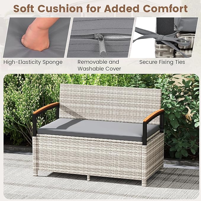 RELAX4LIFE Wicker Outdoor Storage Bench, Rattan Deck Box w/Protective Liner for Patio Furniture Pillows & Garden Tools, Porch Loveseat with Seat Cushion, Acacia Wood Armrests (Grey) RELAX4LIFE