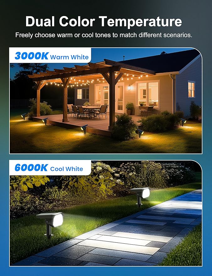 Brightown 4Pack Solar Spot Lights Outdoor [Cool & Warm Light 2-in-1], IP67 Solar Lights Outdoor Waterproof with 1800mAh, Two Mounting Methods Outdoor Solar Lights for Yard, Garden and Pathway Brightown