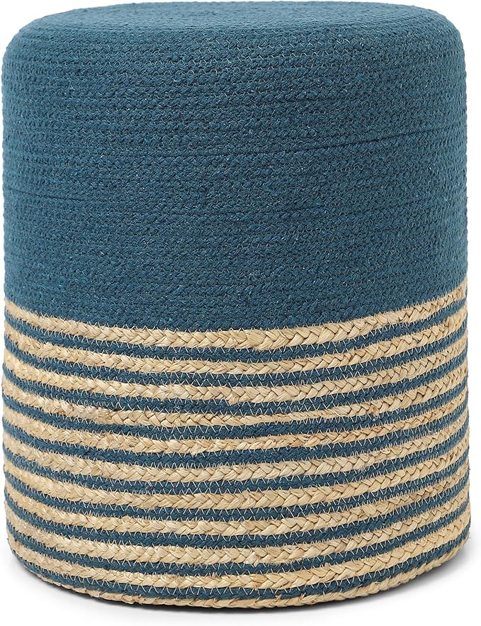 REDEARTH · Cylindrical Pouf Foot Stool Ottoman - Jute Braided Pouffe Poof Accent Sitting Footrest for Living Room, Bedroom, Nursery, Patio, Lounge & Other Rooms (Teal Natural, 14.5"X14.5"X16") REDEARTH