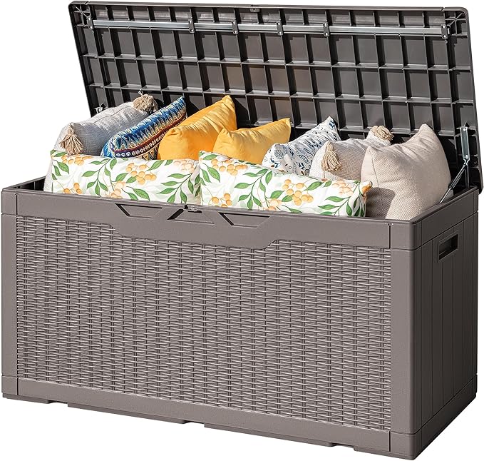Flamaker Outdoor Storage Box 100 Gallon Waterproof Resin Deck Box Delivery Box with Air Rod Indoor Outdoor Lockable Storage Bench for Patio Cushions, Tools, Pool Accessories (Brown) Flamaker