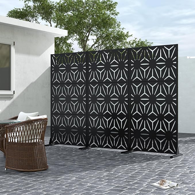 Casaphoria Metal Privacy Screen Outdoor, 72" H x 35" W Freestanding Decorative Privacy Screen for Patio Deck Balcony Garden with Stable Base, Black-Star Casaphoria
