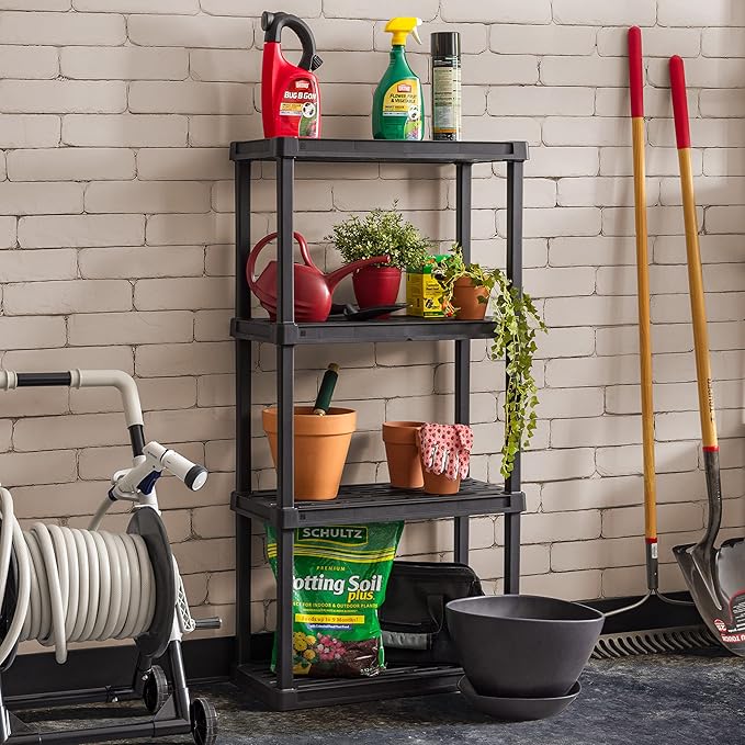 IRIS USA 4-Shelf Light Duty Plastic Storage Shelves, 200lb Capacity, 48" H x 24" W x 12" D, Medium Modular Shelving Unit Storage Organizer for Bathroom, Laundry, Garage & Home, Storage Rack - Black IRISUSA