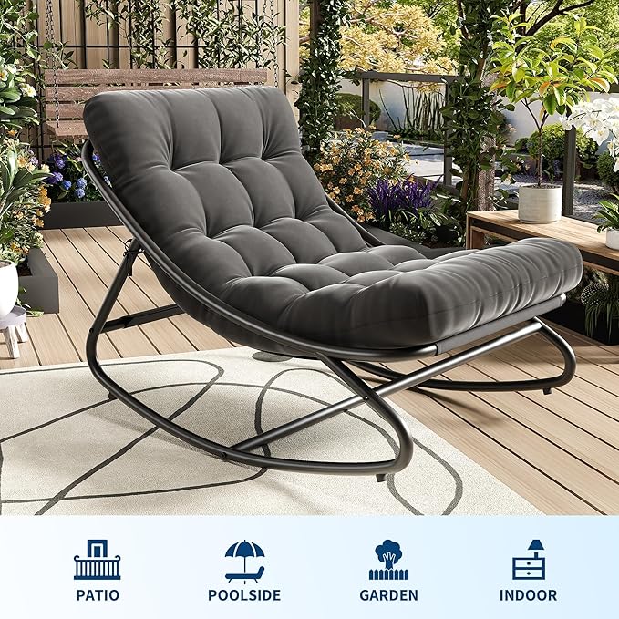 IDEALHOUSE Outdoor Rocking Chair with Metal Frame, Adjustable Papasan Rocker, Waterproof Comfy Cushion, 450lbs Capacity, for Patio, Porch, Garden, Living Room, Dark Grey IDEALHOUSE