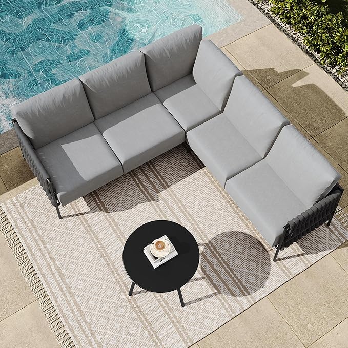 East Oak Corner Patio Furniture Set | Life Chatter 5-Seat Outdoor Furniture | Deep Seating Corner Sofa with Round Coffee Table | Extra-Thick & Washable Cushions | Misty Grey EASTOAK