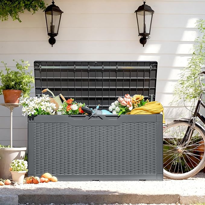 Flamaker Outdoor Storage Box 100 Gallon Waterproof Resin Deck Box Delivery Box with Air Rod Indoor Outdoor Lockable Storage Bench for Patio Cushions, Tools, Pool Accessories (Gray) Flamaker