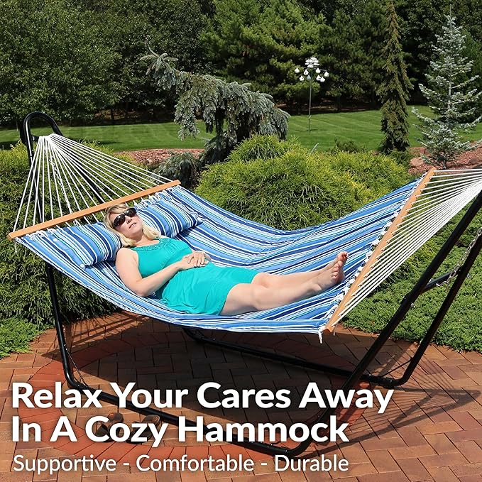 Sunnydaze Quilted Outdoor Hammock with Spreader Bars - Heavy-Duty 450-Pound Capacity Double Hammock for Outside - Breakwater Stripe SunnydazeDecor