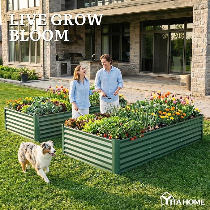 YITAHOME 8x4x1.5ft Large Raised Garden Bed Kit, Galvanized Metal Planter Box with Gloves, Ground Nails & Safety Rubber, Outdoor Above Ground Planters for Plants Vegetables Flowers, Green YITAHOME