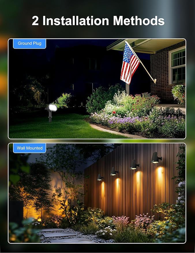 Brightown 4Pack Solar Spot Lights Outdoor [Cool & Warm Light 2-in-1], IP67 Solar Lights Outdoor Waterproof with 1800mAh, Two Mounting Methods Outdoor Solar Lights for Yard, Garden and Pathway Brightown