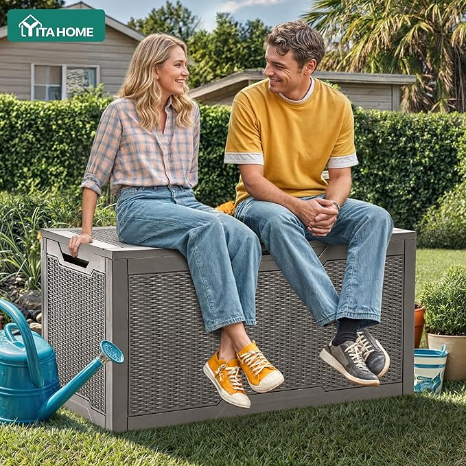 YITAHOME 100 Gallon Resin Deck Box, Weather Resistant Outdoor Storage Box, Lockable Indoor Outdoor Storage for Supplies and Essentials, Taupe YITAHOME