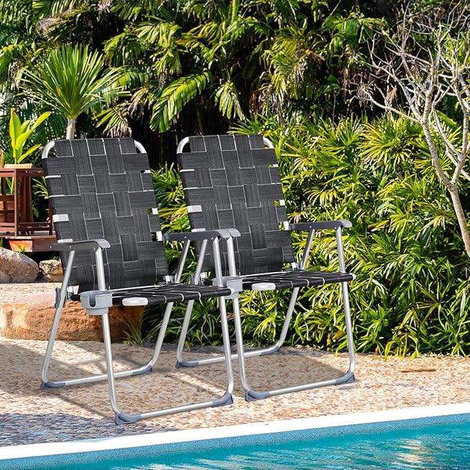 VINGLI Aluminum Patio Lawn Chairs Folding Set of 2 with Detachable Cup Holder, Webbed Beach Chair Folding Chair Outdoor Portable Camping Chair for Yard, Garden VINGLI
