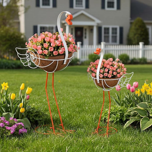Set of 2 White Goose Outdoor Planters with Basket Larger Sizes 29 26.5 Metal Goose Planters for Spring Party Gifts Indoor Flowers Lawn Patio Garden Yard Porch Decor Tiangrid