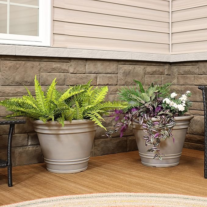 Sunnydaze 20-Inch Franklin Large Plant Pot - Polyresin Round Outdoor Planter with Drillable Drainage Hole - 2 Pack - Beige SunnydazeDecor