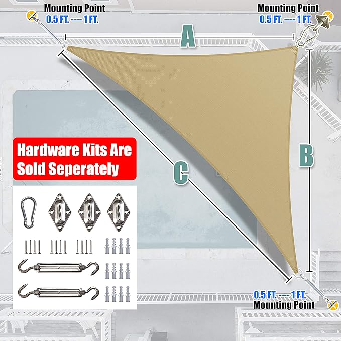 Amgo Custom Size 13' x 15' x 19.8' Sand Beige Right Triangle Sun Shade Sail Order to Make Canopy Awning UPF50+ AGSLT, 95% UV Blockage, Water & Air Permeable, 200GSM Commercial Standard (We Customize) Amgo
