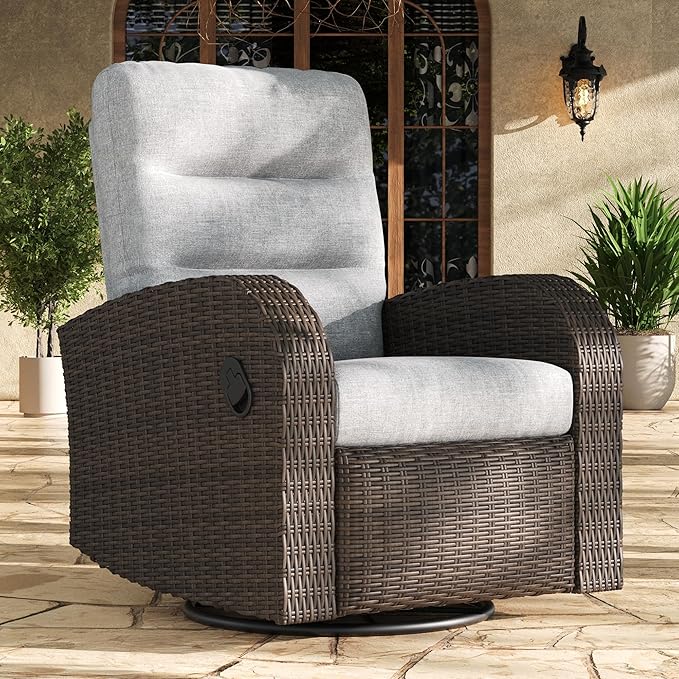 LayinSun Oversized Wicker Outdoor Swivel Glider Recliner with Adjustable Backrest & Footrest, Patio Reclining Lounge Chair LayinSun