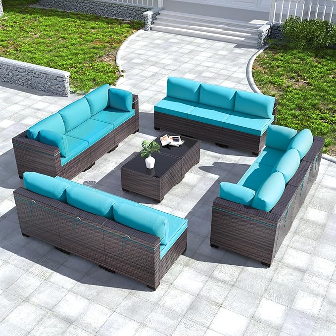 Kullavik 14 Pieces Outdoor Patio Furniture Set PE Wicker Rattan Sectional Sofa Patio Conversation Sets,Blue KULLAVIK