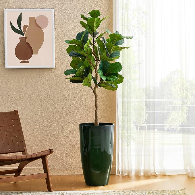 Glitzhome 23.5" H Large Tall Planter for Outdoor Plants,Set of 2 Plastic Tall Planters with Drainage Holes,Round Tapered Faux Ceramic Gradient Green Flower Tree Pots for Porch Patio Indoor Outdoor Glitzhome