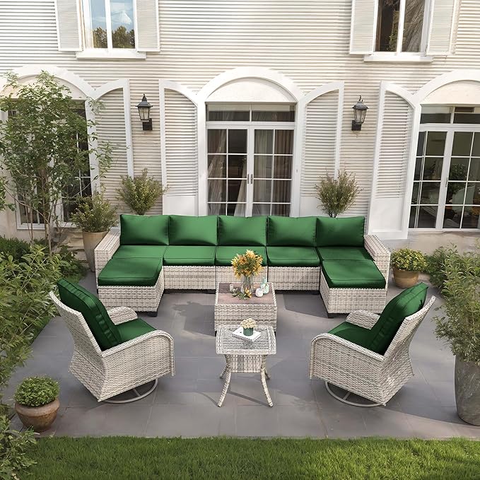 11-Piece Outdoor Patio Furniture Set with Rocking Swivel Chair Wicker Sectional Sofa Set, Patio Conversation Set with Ottomans & Coffee Table for Garden, Backyard, Poolside, Green MuphyersPatioFurniture