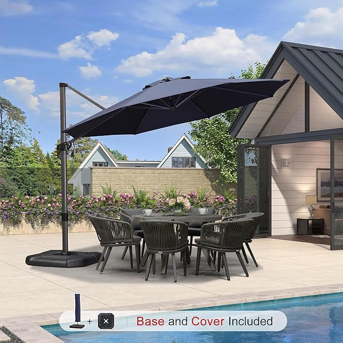 PURPLE LEAF 11 Feet Patio Umbrella with Base and Cover Round Outdoor Cantilever Umbrella Aluminum Offset Umbrella with 360-degree Rotation for Garden Deck Pool Patio Navy Blue PURPLELEAF
