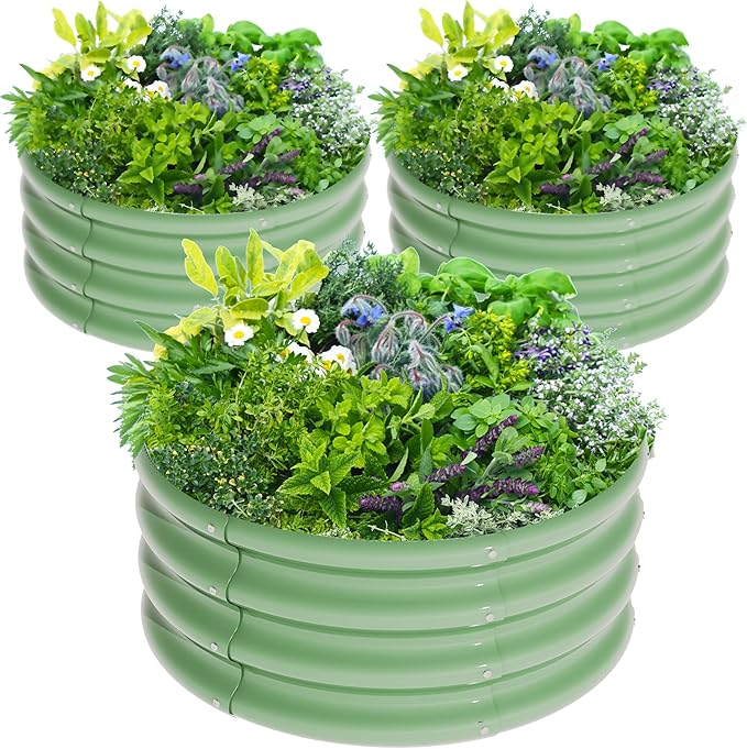 3Pcs 2X2X1ft Round Raised Garden Bed Kit,Galvanized Raised Garden Beds Outdoor, Metal Planter Box Steel Kit Flower Herb,Vegetables..Grass Green Rootora
