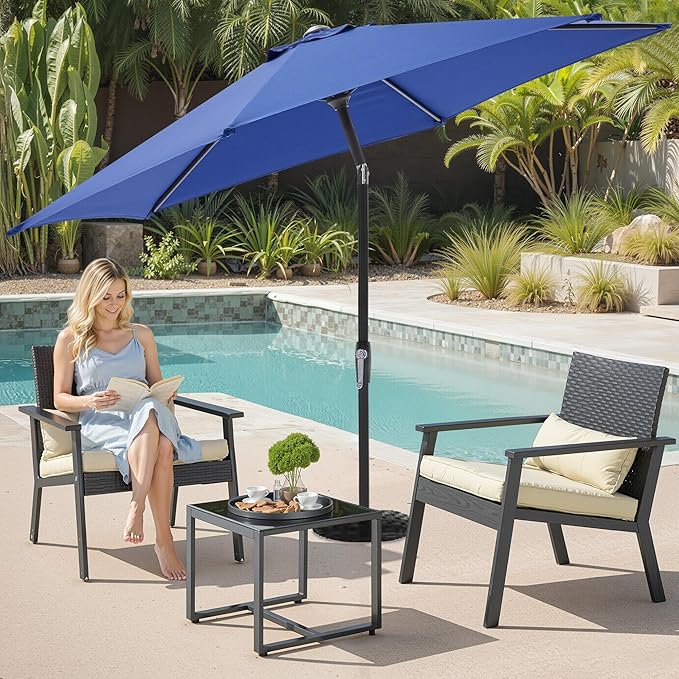 OLIXIS 7.5ft Patio Umbrella with Tilt and Crank Button & 8 Sturdy Ribs Waterproof, Patio Table Umbrella Perfect for Poolside, Terrace, Beach and Outdoor Restaurant, Blue OLIXIS