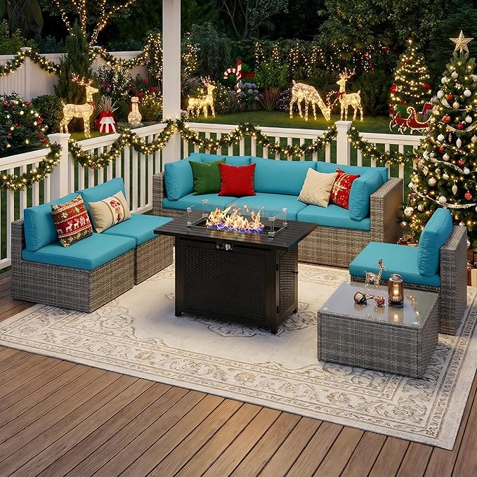 Wisteria Lane 8 Pieces Outdoor Patio Furniture Set with 43" Fire Pit Table, Wicker Outdoor Patio Sectional Sofas with Coffee Table, All-Weather Patio Conversation Set for Backyard Garden, Light Blue WisteriaLane